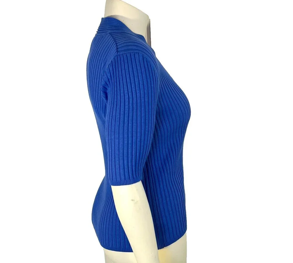 George Sweater Womens L Cornflower Blue Ribbed V-Neck Half Sleeve